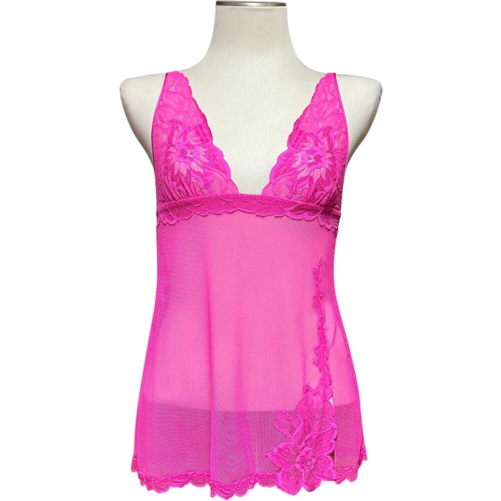 Victoria's Secret Plunge Lace Mesh Lingerie Nightie Hot Pink Small